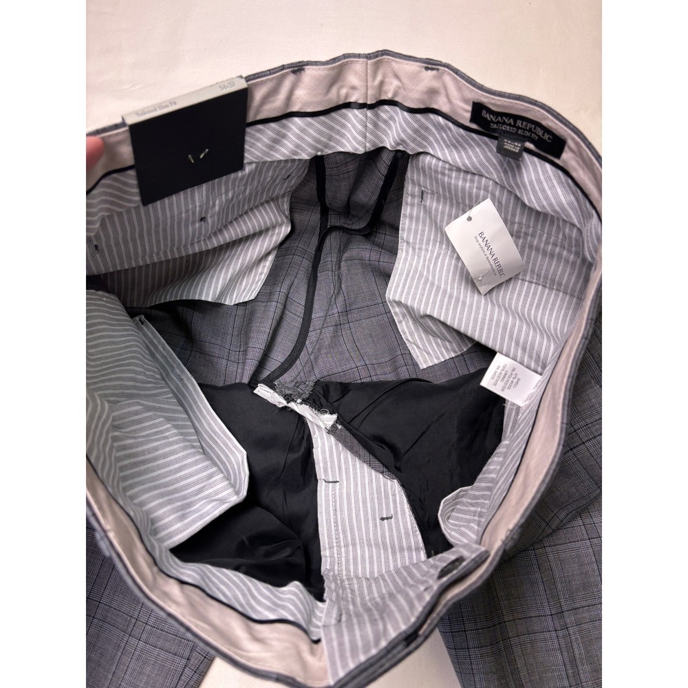 NWT Banana Republic Tailored Slim Fit Plaid‎ Wool Blend Dress Pants 34x32 Gray - Picture 4 of 15